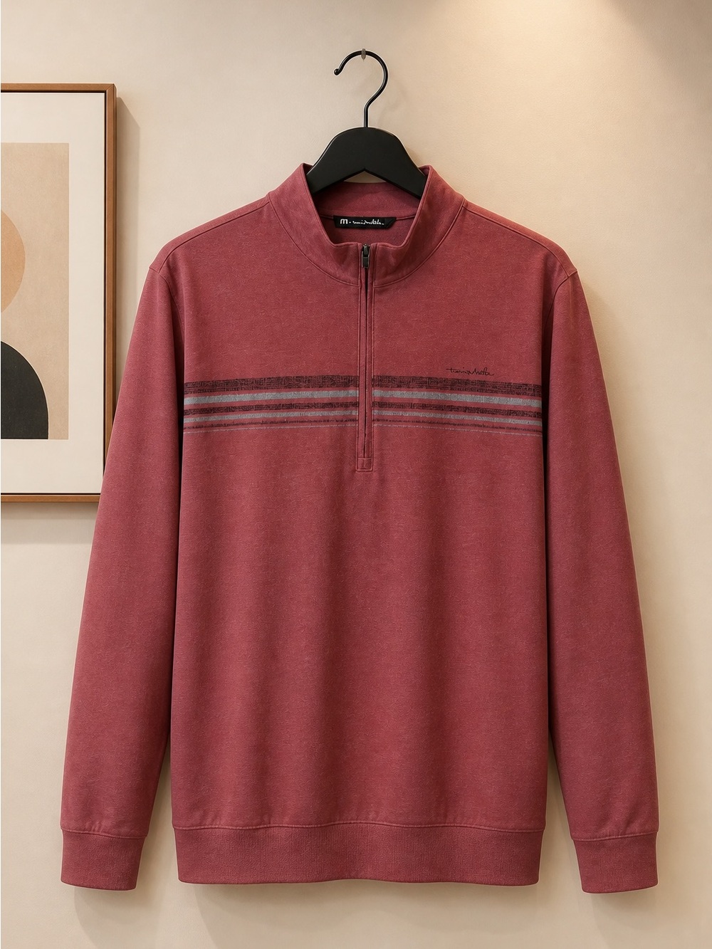 Travis Mathew Men's Quarter-Zip Pullover Sweater - Rosewood with Gray Stripes